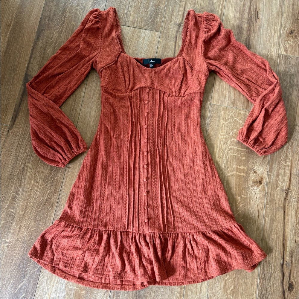 Lulus Terracotta Long-Sleeve Textured Babydoll Dress